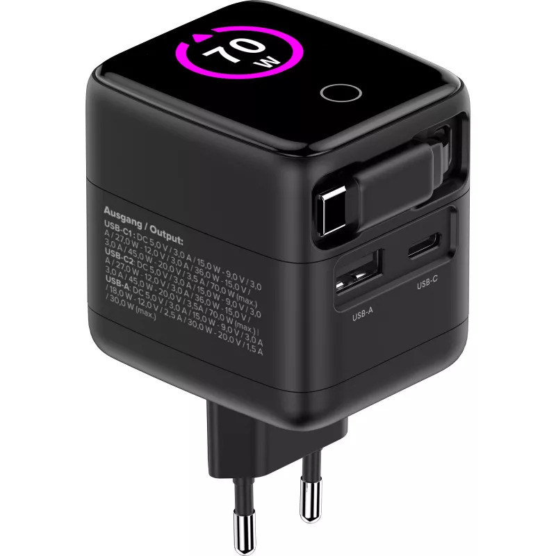 Alimentatore USB InLine, 70 W, GaN, USB-C PD + USB-A QC, cavo 60 cm, nero