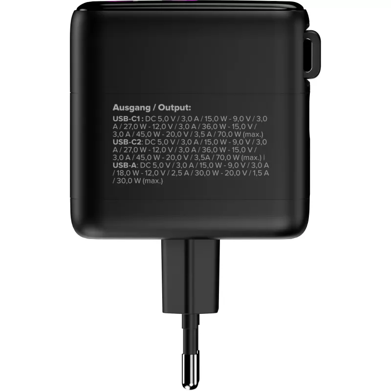 Alimentatore USB InLine, 70 W, GaN, USB-C PD + USB-A QC, cavo 60 cm, nero