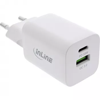 InLine alimentatore USB, caricabatterie USB-A + USB-C, 33W, PD + QC, bianco