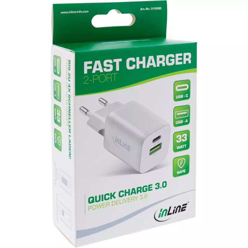 InLine alimentatore USB, caricabatterie USB-A + USB-C, 33W, PD + QC, bianco