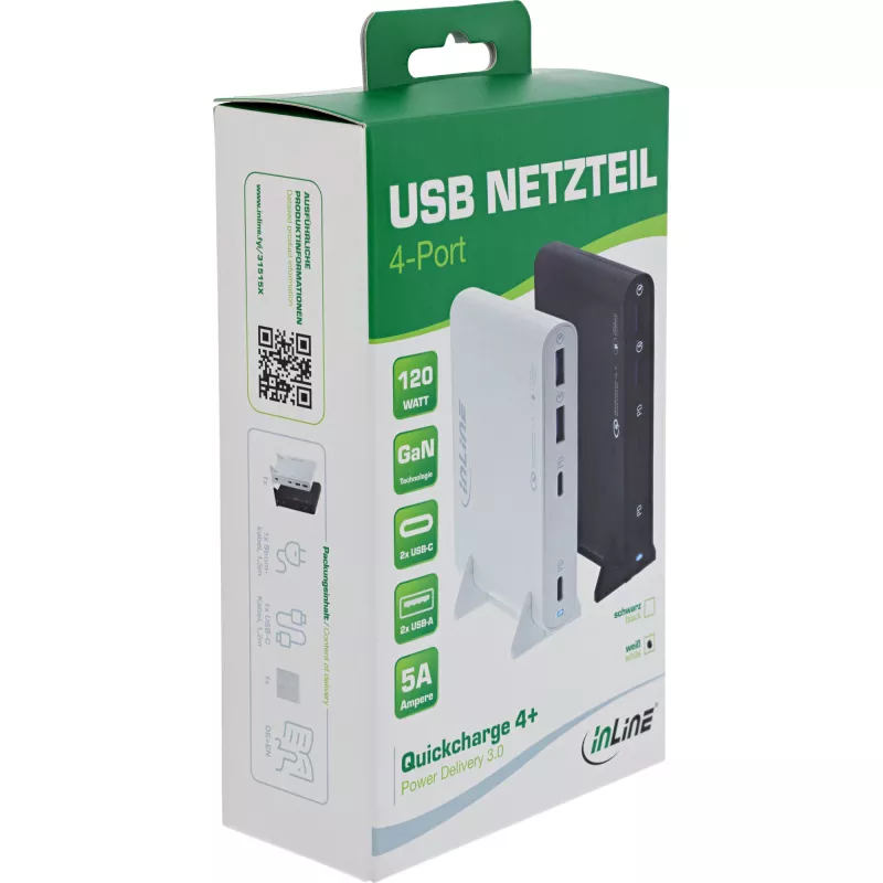 InLine Alimentatore USB GaN, 4 porte, 2x USB-C + 2x USB-A, 120 W, nero (31515B)