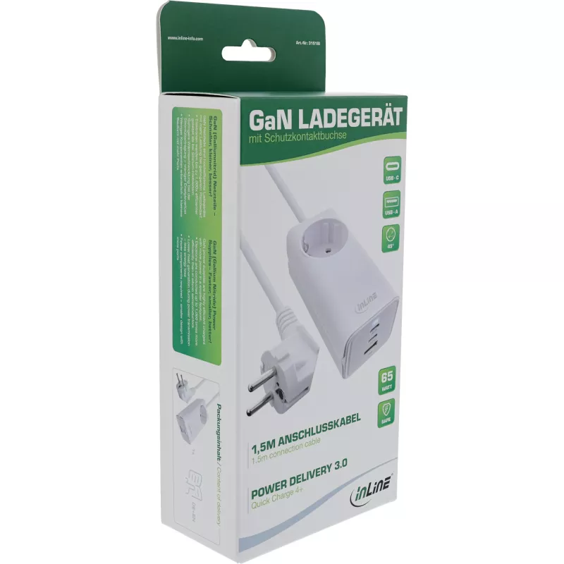 Alimentatore USB InLine, caricabatterie GaN, 2x USB-C, 1x USB-A, PD 3.0, presa di sicurezza