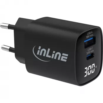 Alimentatore USB PD InLine, caricabatterie GaN, 2 porte, USB-C + USB-A, 30W, con display