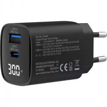 Alimentatore USB PD InLine, caricabatterie GaN, 2 porte, USB-C + USB-A, 30W, con display