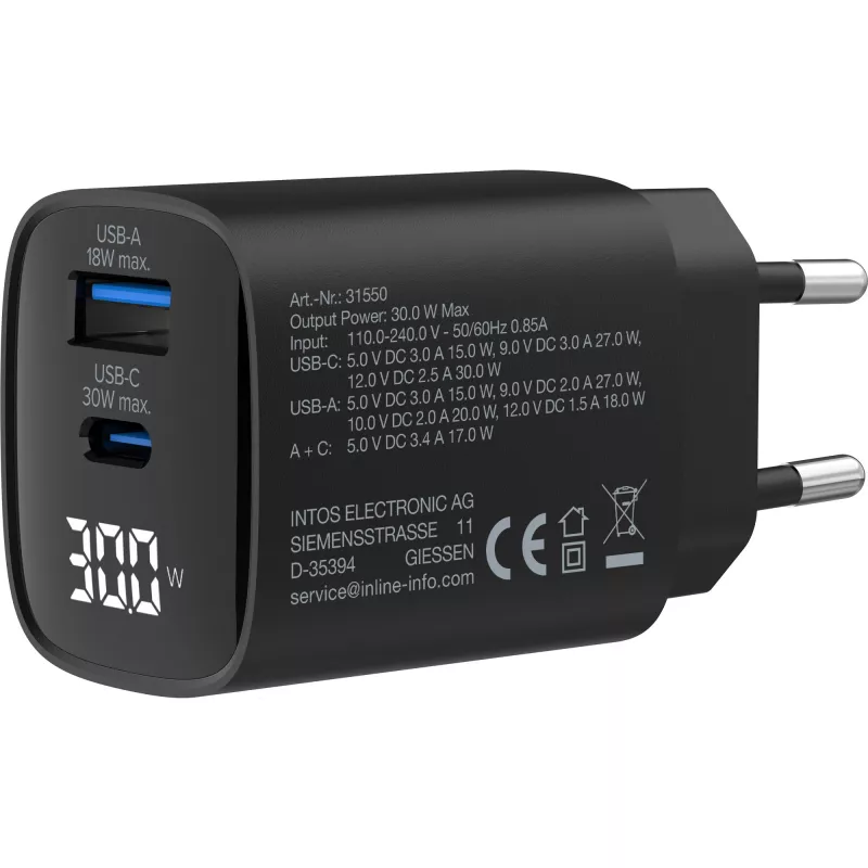Alimentatore USB PD InLine, caricabatterie GaN, 2 porte, USB-C + USB-A, 30W, con display
