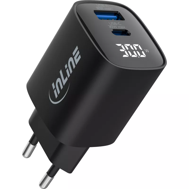 Alimentatore USB PD InLine, caricabatterie GaN, 2 porte, USB-C + USB-A, 30W, con display