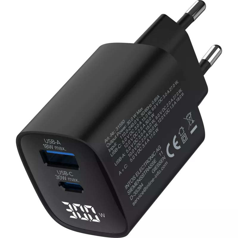 Alimentatore USB PD InLine, caricabatterie GaN, 2 porte, USB-C + USB-A, 30W, con display