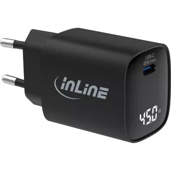 Alimentatore USB PD InLine, caricabatterie GaN, 1 porta, USB-C, 45W, con display