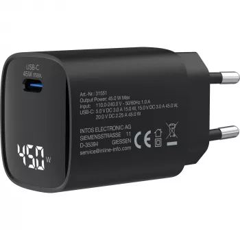 Alimentatore USB PD InLine, caricabatterie GaN, 1 porta, USB-C, 45W, con display