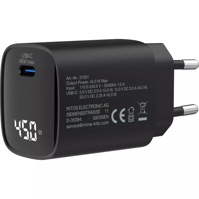 Alimentatore USB PD InLine, caricabatterie GaN, 1 porta, USB-C, 45W, con display