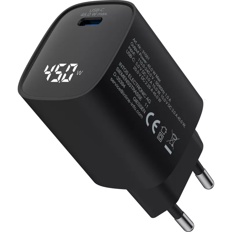 Alimentatore USB PD InLine, caricabatterie GaN, 1 porta, USB-C, 45W, con display