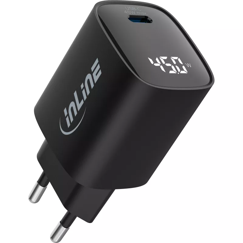 Alimentatore USB PD InLine, caricabatterie GaN, 1 porta, USB-C, 45W, con display