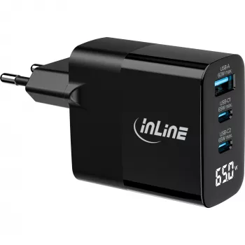 Alimentatore USB PD InLine, caricabatterie GaN, 3 porte, USB-C + USB-A, 65 W, con display