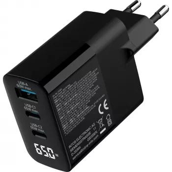 Alimentatore USB PD InLine, caricabatterie GaN, 3 porte, USB-C + USB-A, 65 W, con display