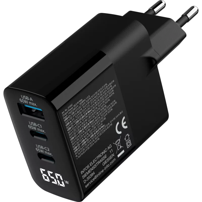 Alimentatore USB PD InLine, caricabatterie GaN, 3 porte, USB-C + USB-A, 65 W, con display