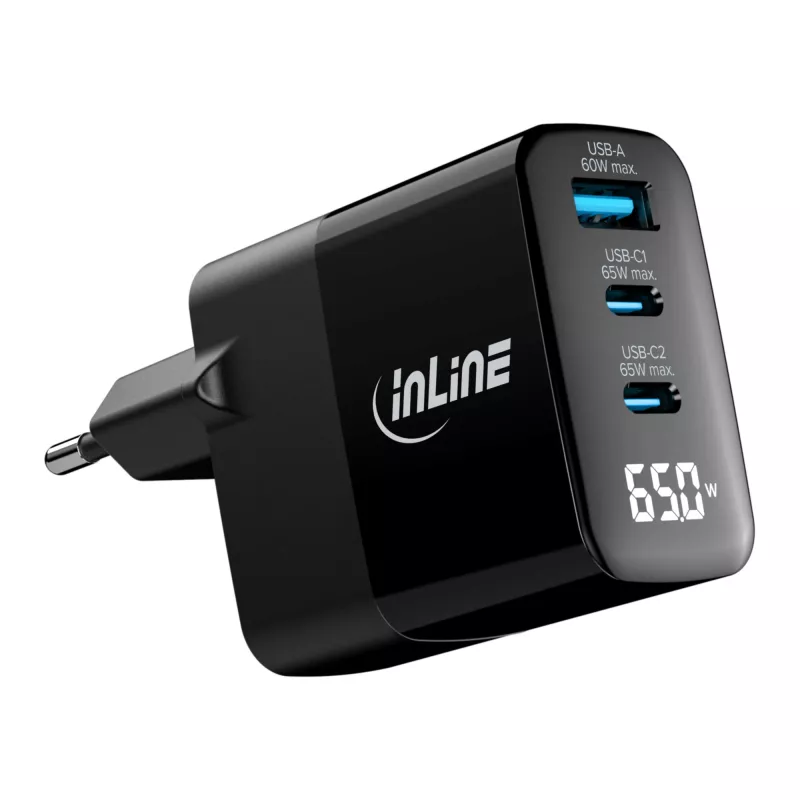 Alimentatore USB PD InLine, caricabatterie GaN, 3 porte, USB-C + USB-A, 65 W, con display