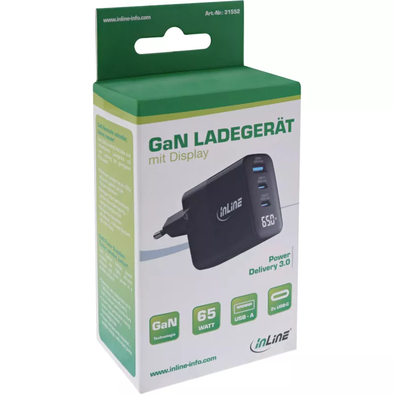 Alimentatore USB PD InLine, caricabatterie GaN, 3 porte, USB-C + USB-A, 65 W, con display