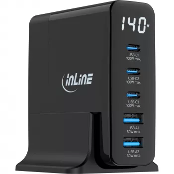 Alimentatore USB PD InLine, caricabatterie GaN, 5 porte, USB-C + USB-A, 140W, con display