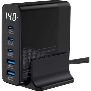 Alimentatore USB PD InLine, caricabatterie GaN, 5 porte, USB-C + USB-A, 140W, con display