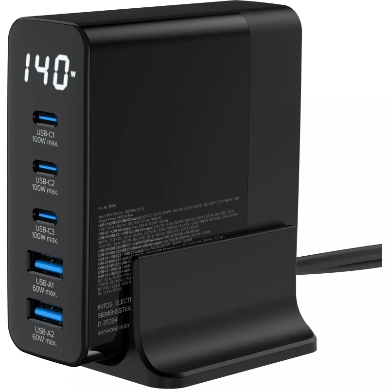 Alimentatore USB PD InLine, caricabatterie GaN, 5 porte, USB-C + USB-A, 140W, con display