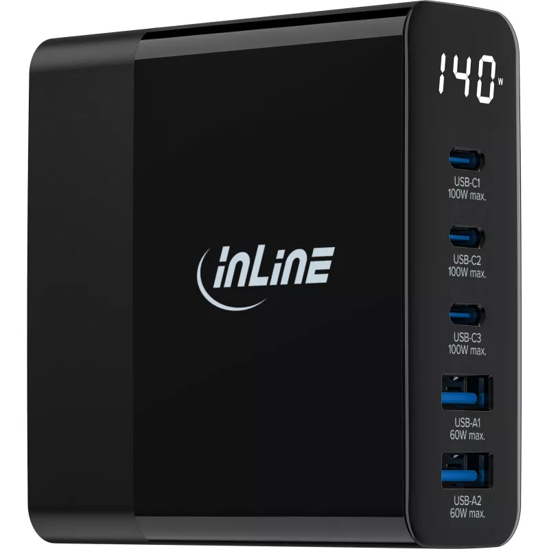 Alimentatore USB PD InLine, caricabatterie GaN, 5 porte, USB-C + USB-A, 140W, con display