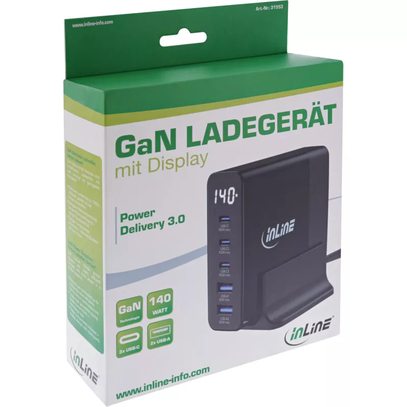 Alimentatore USB PD InLine, caricabatterie GaN, 5 porte, USB-C + USB-A, 140W, con display