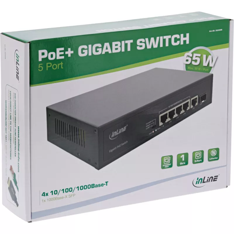 Switch non gestito InLine PoE+ Gigabit Network Switch 5 porte 4x PoE+ 1xSFP 1Gb/s desktop