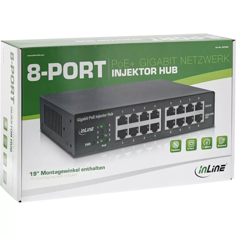 Iniettore hub di rete InLine PoE+ Gigabit 8 porte (8x PoE+), 1 Gbit/s, 19 pollici 1U