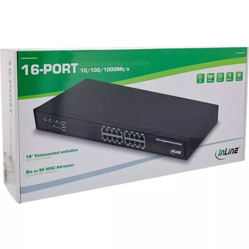 Switch di rete InLine Gigabit 16 porte, 1Gb/s, 19 pollici 1U, senza ventola