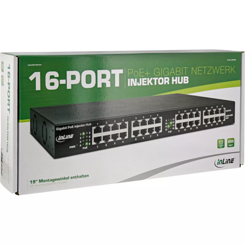 Iniettore hub InLine PoE+ Gigabit 16 porte PoE+, 19 pollici 1U, staffe incluse, 2 ventole