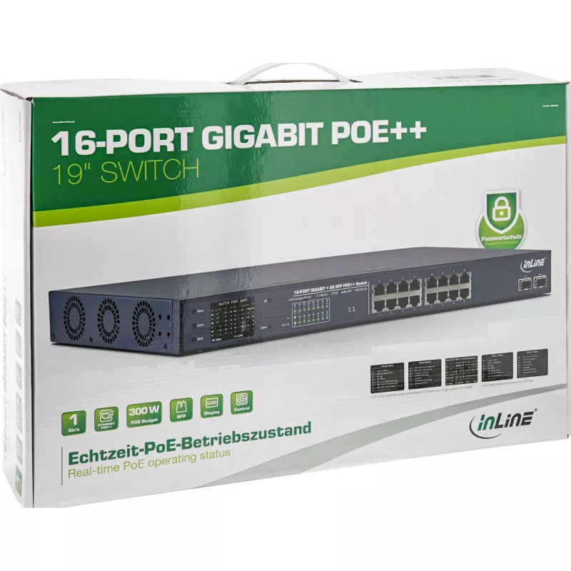 InLine switch di rete PoE+ Gigabit 24 porte, 1 Gb/s, 2xSFP, 19 pollici 1HE (con staffe)