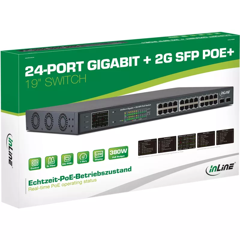 Switch di rete InLine PoE+ Gigabit 24 porte, 1 Gb/s, 2xSFP, 19 pollici 1U (staffe incluse)