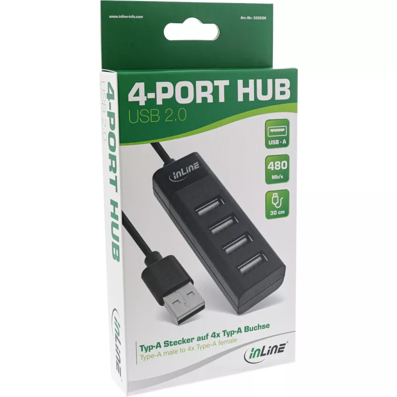 Hub USB 2.0 InLine 4 porte, connettore maschio Type-A su 4x connettore femmina Type-A, nero, 30 cm, sottile