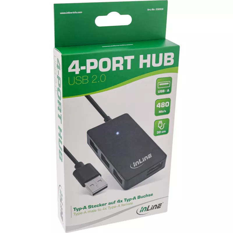 Hub USB 2.0 InLine 4 porte, connettore maschio Type-A su 4x connettore femmina Type-A, nero, 30 cm