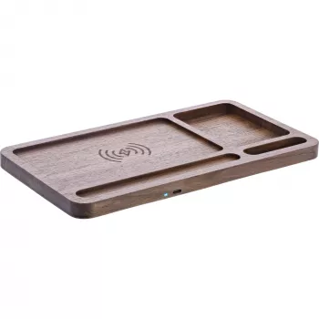 Organizer InLine WoodCharge con superficie di ricarica Qi e fonte di alimentazione USB
