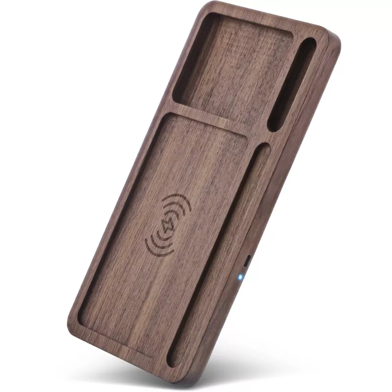 Organizer InLine WoodCharge con superficie di ricarica Qi e fonte di alimentazione USB