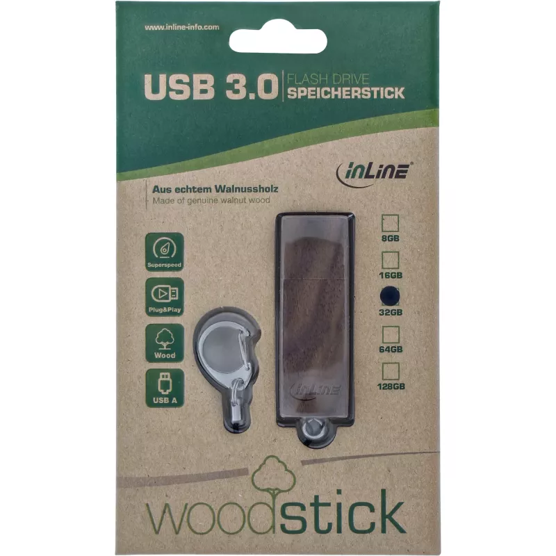 Chiavetta USB 3.0 InLine, noce, con portachiavi, 8 GB