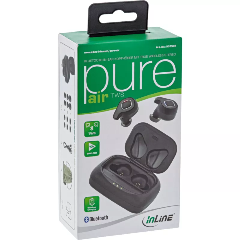 InLine PURE Air TWS, cuffie in-ear Bluetooth con custodia Qi e powerbank