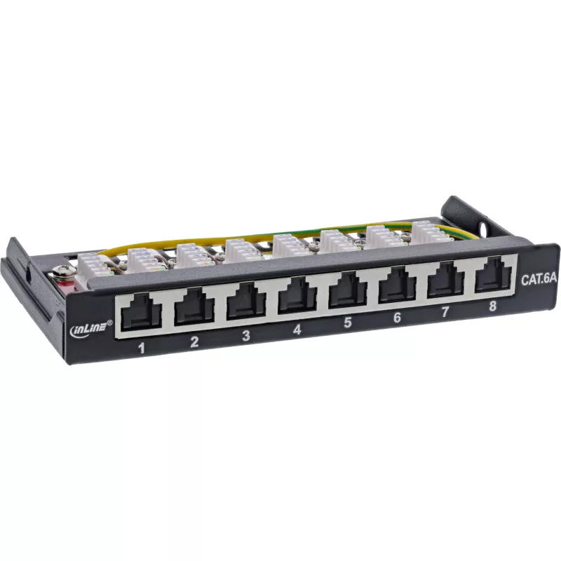 InLine patch panel Cat.6A 0,5U 8 porte, tavolo/parete/guida, nero, protezione antipolvere