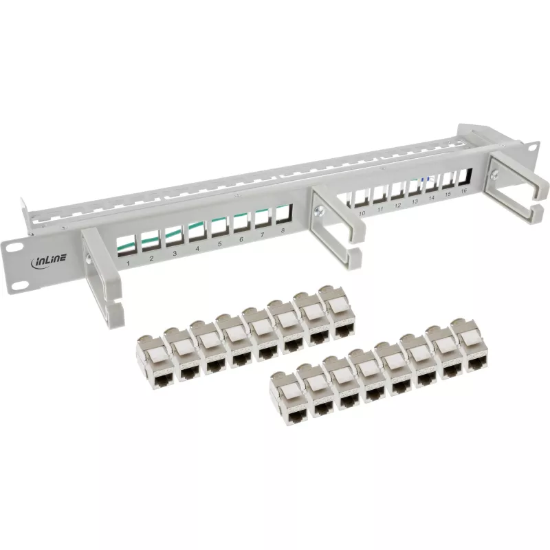 InLine Patch Panel Cat.6A 16 porte, con 3 staffe per gestione cavi, 16 Keystone, 19 pollici, 1HE, grigio