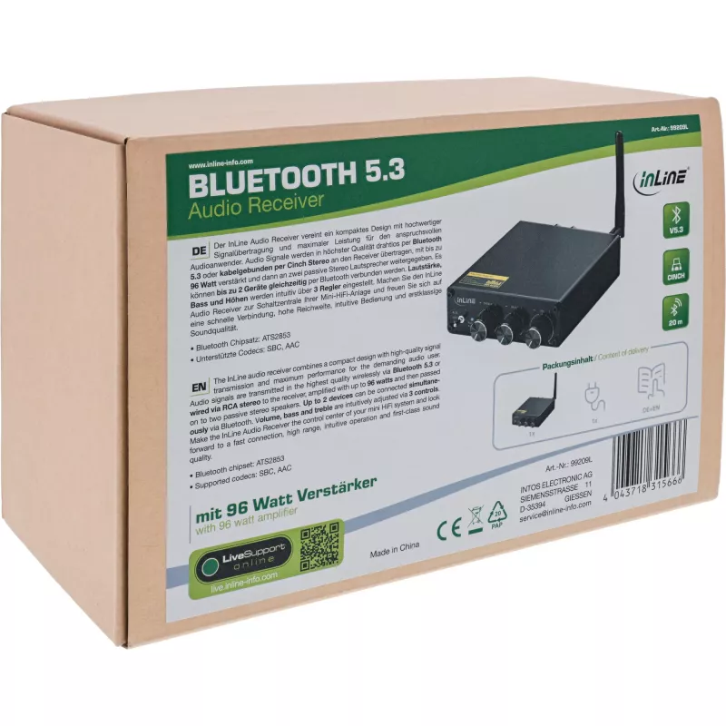 InLine ricevitore audio Bluetooth 5.3 con amplificatore da 96 Watt
