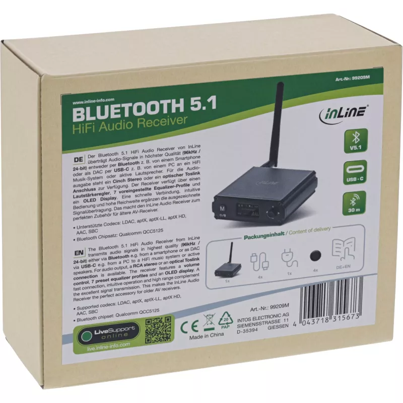 InLine ricevitore HiFi Bluetooth 5.1 e DAC USB con LCD portata 30 m