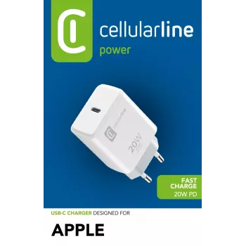Cellularline Caricabatterie USB-C 20 W – iPhone 8 o più recente Caricabatterie da rete USB-C da 20 W per caricare l'iPhone 8 e i modelli più recenti alla massima velocità