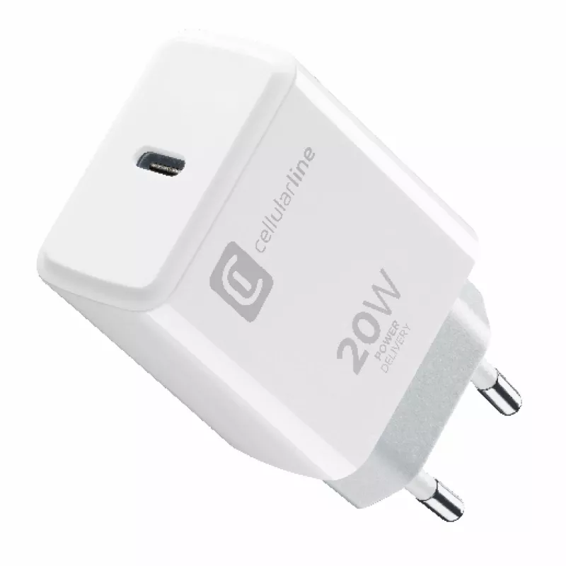 Cellularline Caricabatterie USB-C 20 W – iPhone 8 o più recente Caricabatterie da rete USB-C da 20 W per caricare l'iPhone 8 e i modelli più recenti alla massima velocità