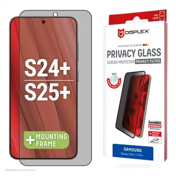 Pellicola protettiva privacy Displex (10H) per Samsung Galaxy S24+/S25+, cornice di montaggio Eco, filtro privacy