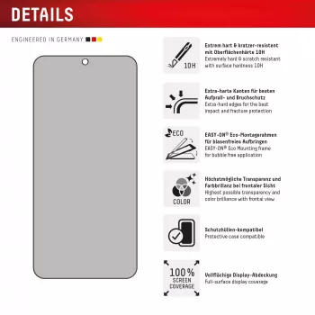 Pellicola protettiva privacy Displex (10H) per Samsung Galaxy S24+/S25+, cornice di montaggio Eco, filtro privacy