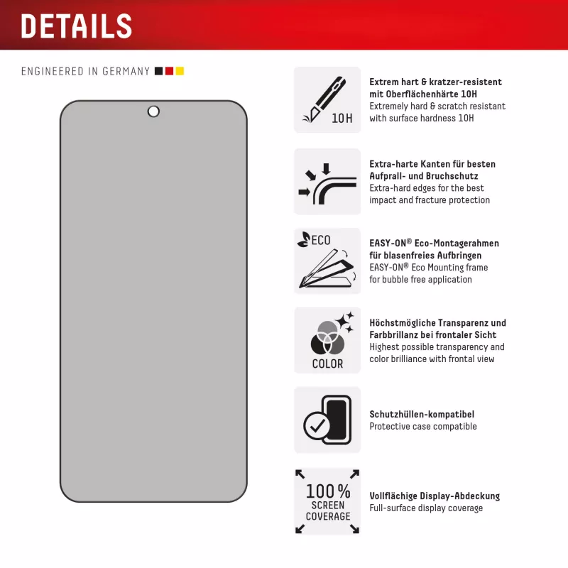 Pellicola protettiva privacy Displex (10H) per Samsung Galaxy S24+/S25+, cornice di montaggio Eco, filtro privacy