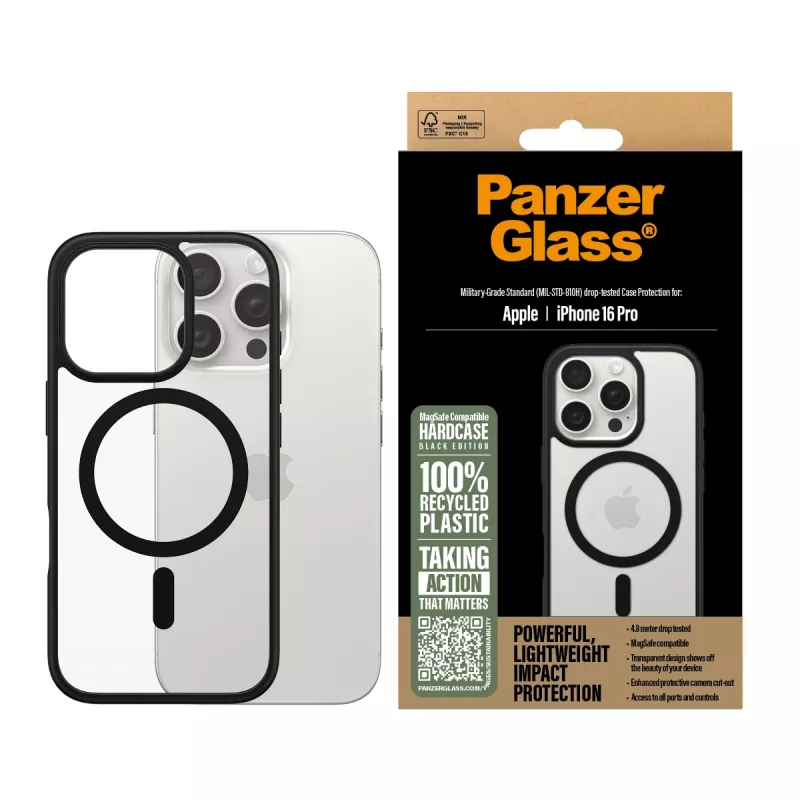 PanzerGlass® HardCase trasparente con MagSafe nero e cornice iPhone 16 Pro