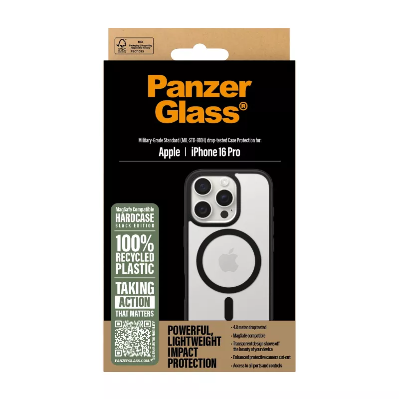 PanzerGlass® HardCase trasparente con MagSafe nero e cornice iPhone 16 Pro