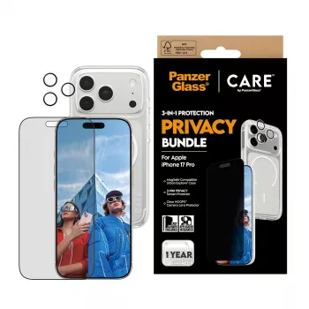 Privacy Case PanzerGlass per iPhone 17 Pro 3-in-1 — serie CARE, protezione privacy, copertura fotocamera integrata